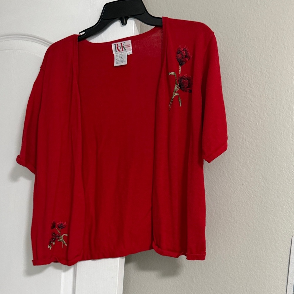 R&K Red Open Short-Sleeve Cardigan with Floral Embroidery